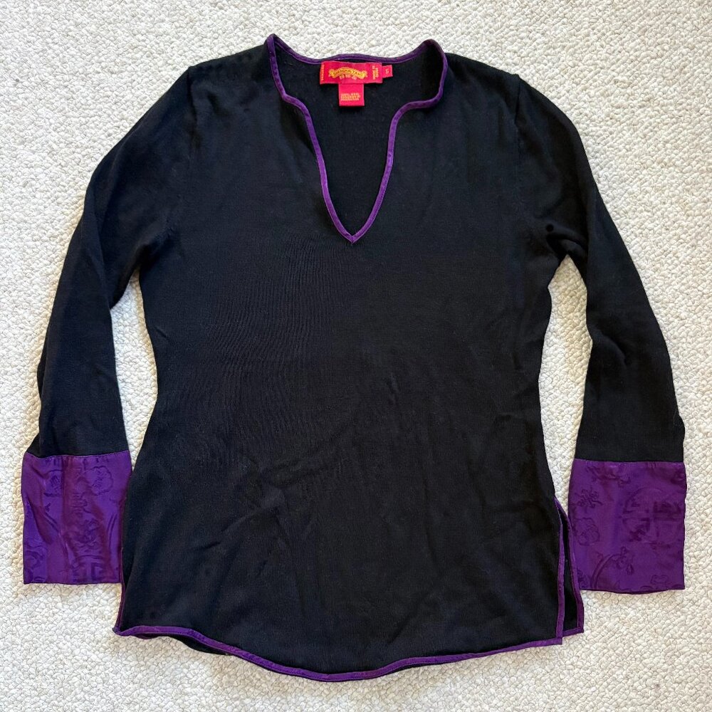 Shanghai Tang 100% Wool Black Sweater w/ Silk Purple Cuffs | Women’s